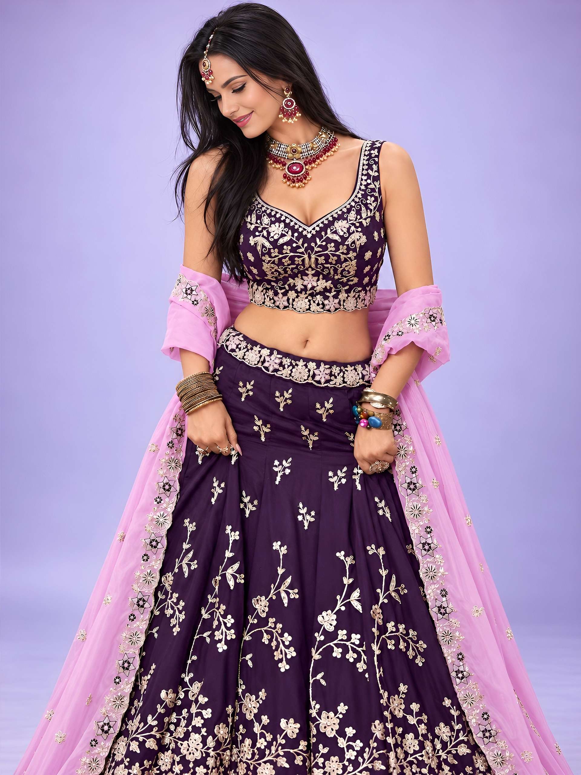 Beautiful Purple colour Rangoli Silk fabric Embroidered work on Lehenga Choli reseller in surat 5139 purple Beautiful Purple colour Rangoli Silk fabric Embroidered work on Lehenga Choli reseller in surat 5139 purple